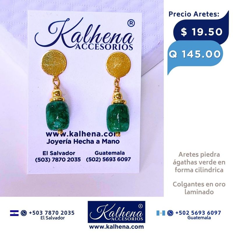 Aretes ágathas verdes en forma cilindrica en oro laminado Aretes ágathas verdes en forma cilindrica en oro laminado