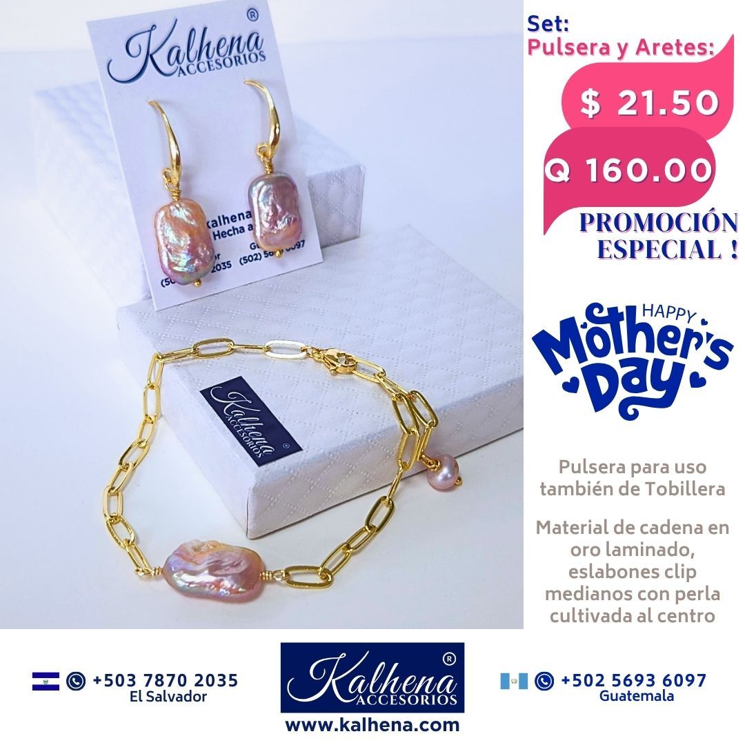 Pulsera y Aretes (Set) en cadena eslabones clip perla cultivada keshi al centro