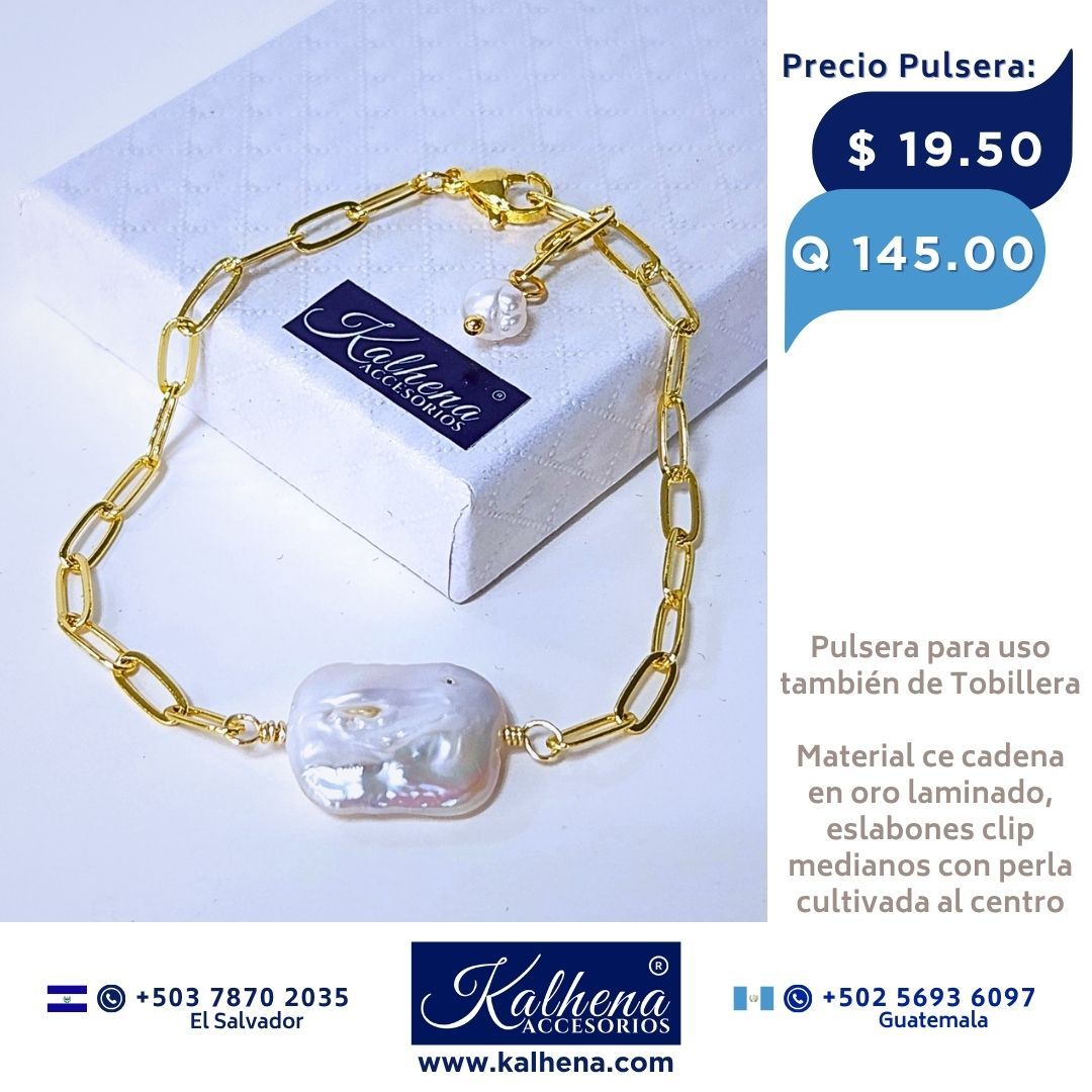 Pulsera en cadena eslabones clip perla cultivada keshi al centro