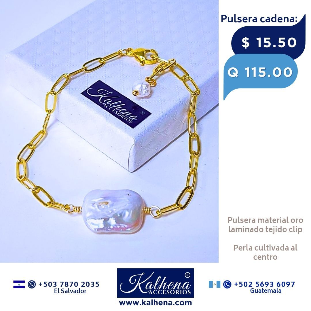Pulsera cadena eslabones clip perla cultivada
