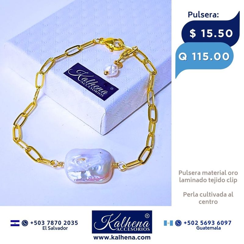 Pulsera cadena eslabones clip perla cultivada