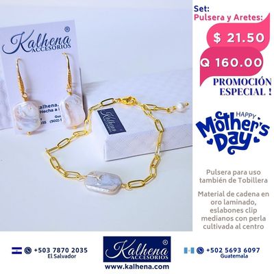 Pulsera y Aretes (Set) en cadena eslabones clip perla cultivada keshi al centro