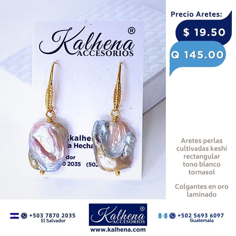 Aretes perlas cultivadas keshi cuadrada tono blanco tornasol Aretes perlas cultivadas keshi cuadrada tono blanco tornasol