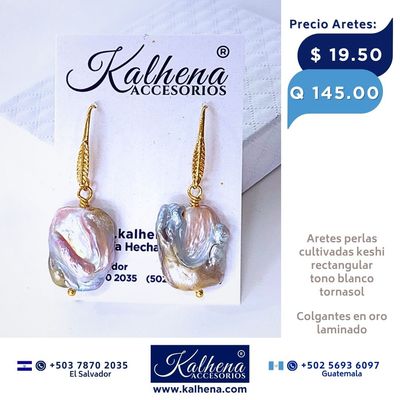 Aretes perlas cultivadas keshi cuadrada tono blanco tornasol Aretes perlas cultivadas keshi cuadrada tono blanco tornasol