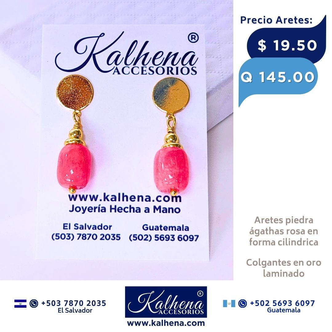 Aretes ágathas rosa en forma cilindrica en oro laminado
