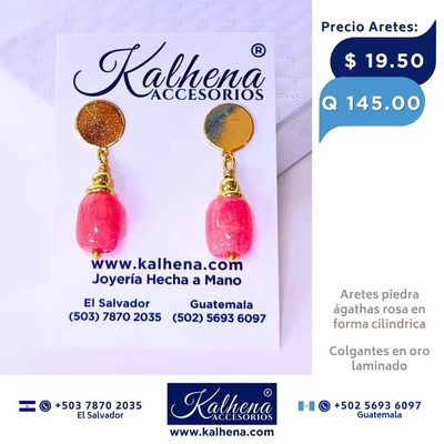Aretes ágathas rosa en forma cilindrica en oro laminado Aretes ágathas rosa en forma cilindrica en oro laminado