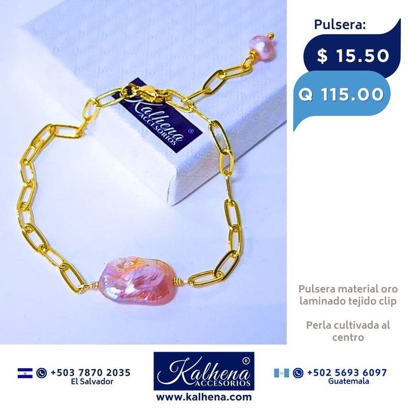 Pulsera cadena eslabones clip perla cultivada