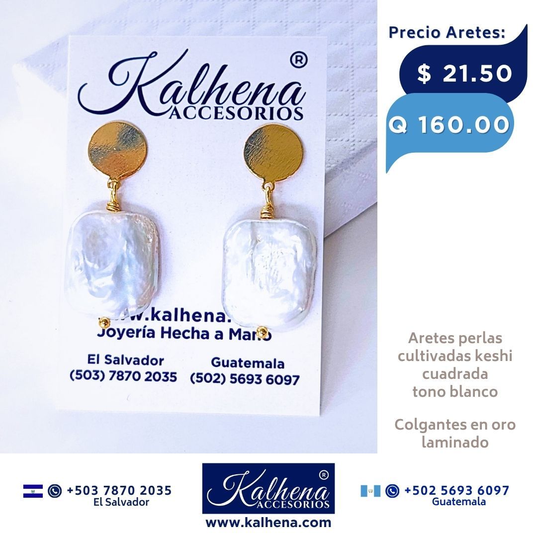 Aretes perlas cultivadas keshi cuadrada tono blanco