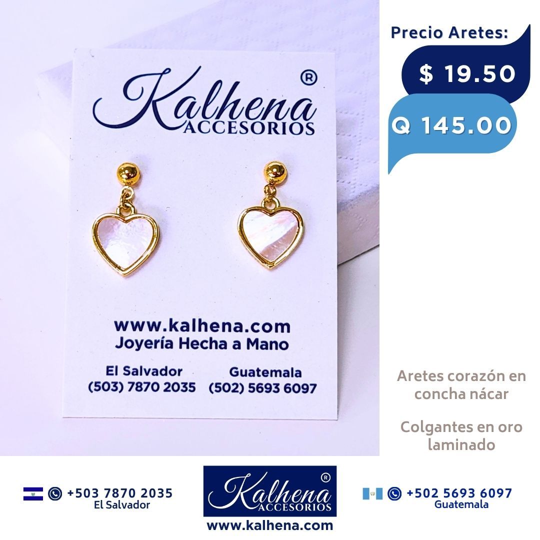 Aretes corazón concha nácar entre oro laminado
