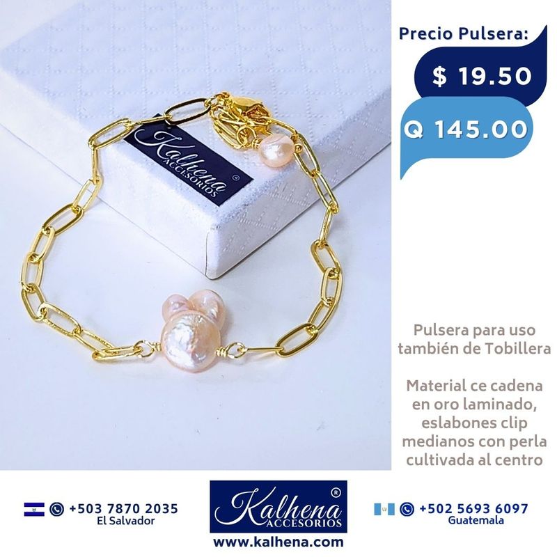 Pulsera en cadena eslabones clip perla cultivada keshi al centro