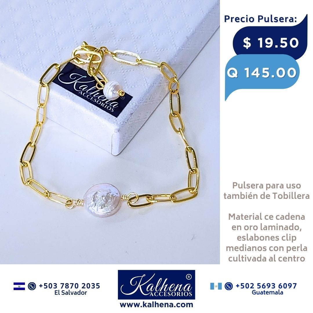 Pulsera en cadena eslabones clip perla cultivada keshi al centro