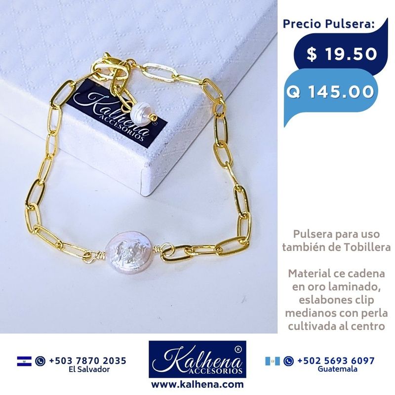 Pulsera en cadena eslabones clip perla cultivada keshi al centro