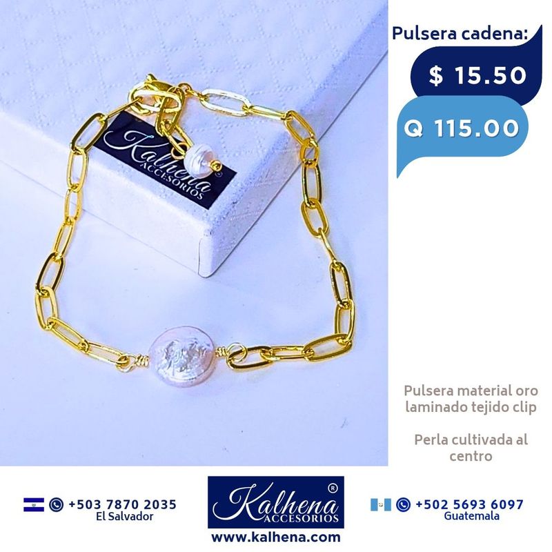 Pulsera cadena eslabones clip perla cultivada Pulsera cadena eslabones clip perla cultivada