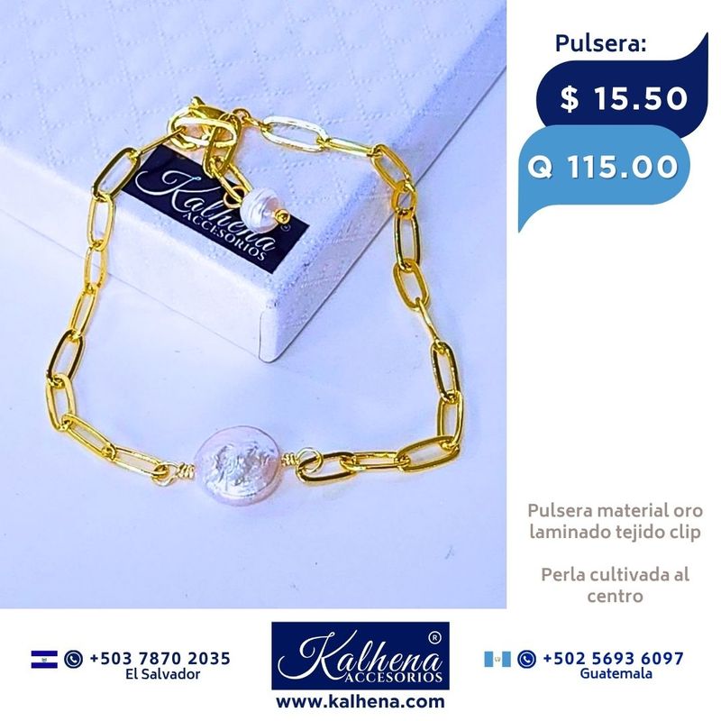 Pulsera cadena eslabones clip perla cultivada