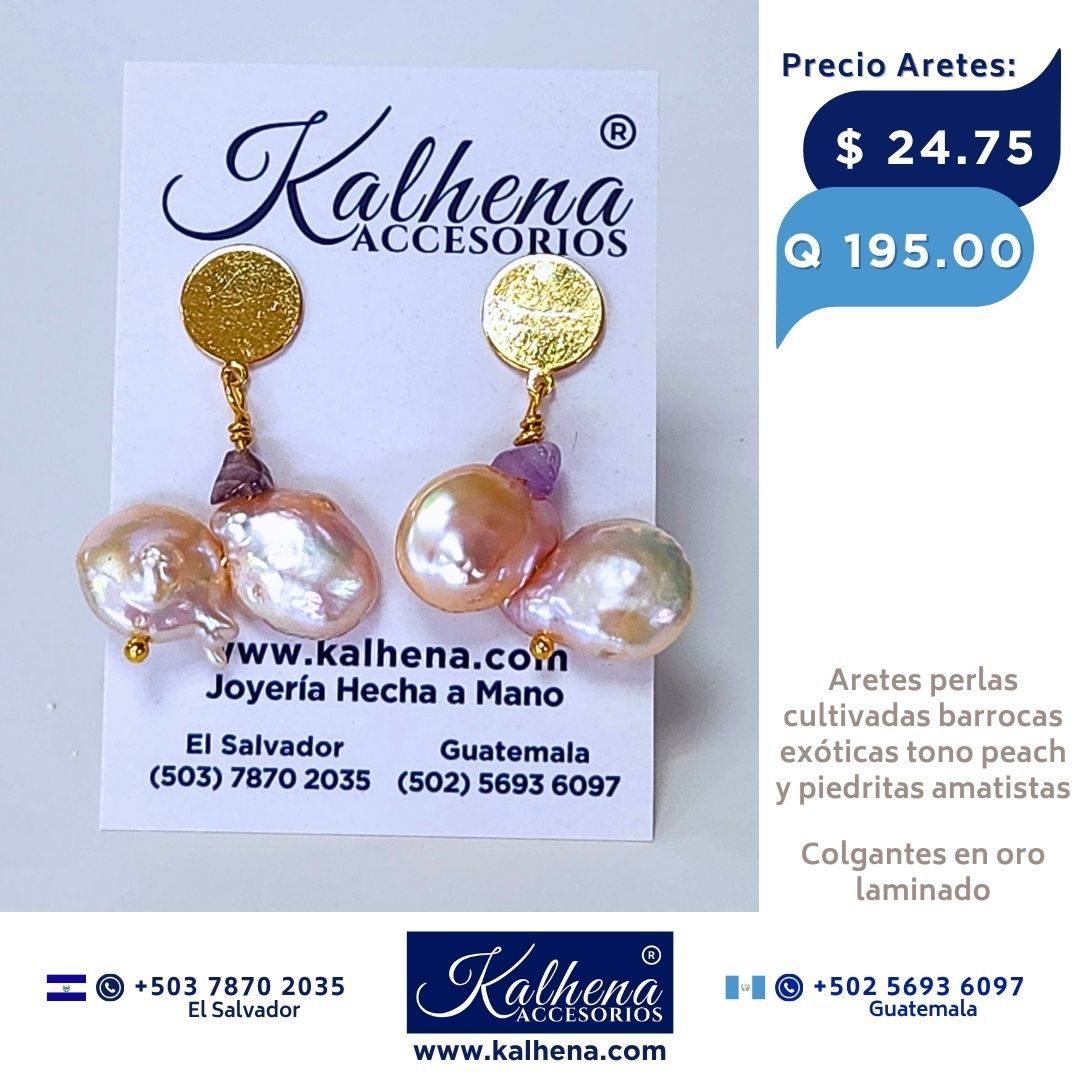 Aretes perlas barrocas exoticas peach y amatistas