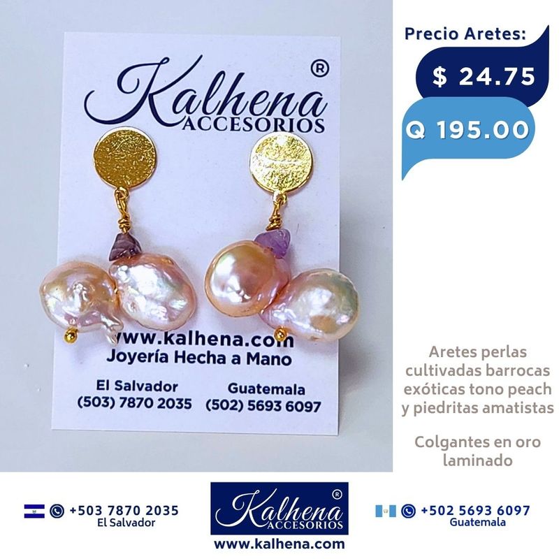 Aretes perlas barrocas exoticas peach y amatistas Aretes perlas barrocas exoticas peach y amatistas