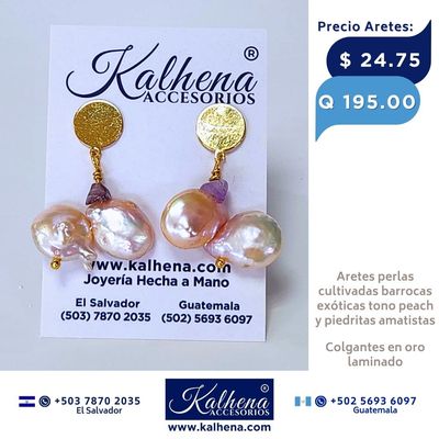 Aretes perlas barrocas exoticas peach y amatistas Aretes perlas barrocas exoticas peach y amatistas