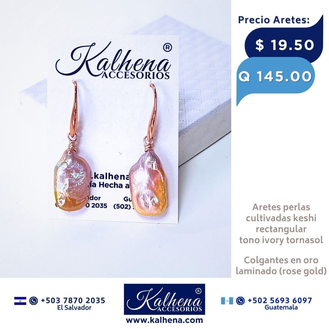 Aretes perlas cultivadas keshi rectangular tono peach