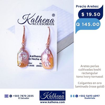 Aretes perlas cultivadas keshi rectangular tono peach