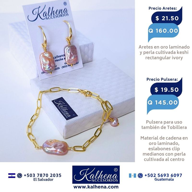 Pulsera en cadena eslabones clip perla cultivada keshi al centro