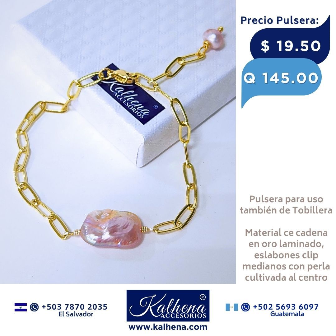 Pulsera en cadena eslabones clip perla cultivada keshi al centro