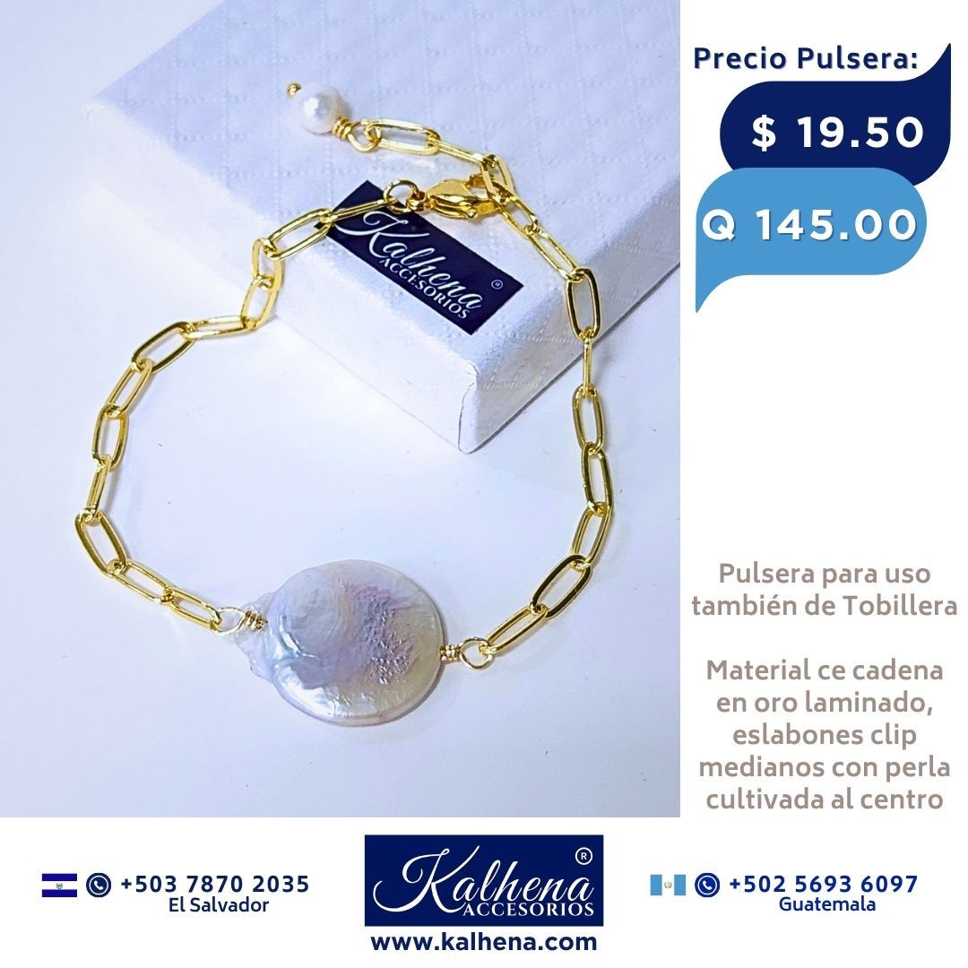 Pulsera en cadena eslabones clip perla cultivada keshi al centro