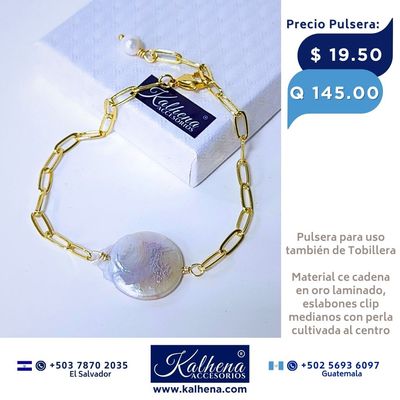 Pulsera en cadena eslabones clip perla cultivada keshi al centro