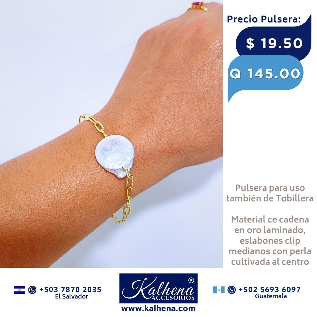 Pulsera en cadena eslabones clip perla cultivada keshi al centro