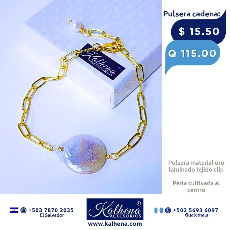 Pulsera cadena eslabones clip perla cultivada Pulsera cadena eslabones clip perla cultivada