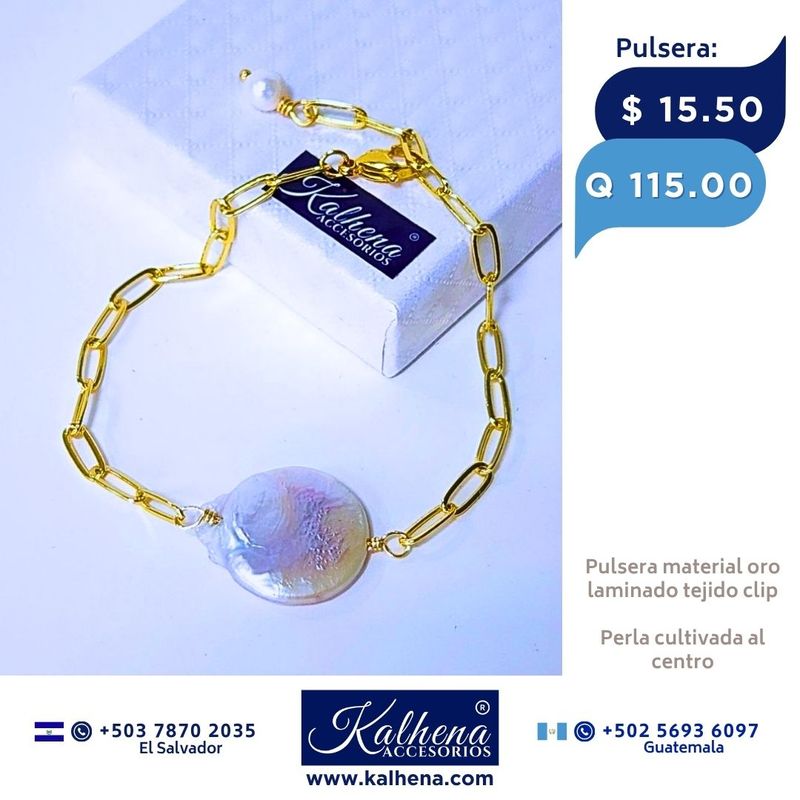 Pulsera cadena eslabones clip perla cultivada