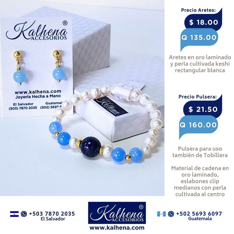 Promoción:  Pulsera y Aretes Aquamarina y Lapis Lazulli entre perlas y balines gold