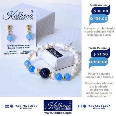 Promoción:  Pulsera y Aretes Aquamarina y Lapis Lazulli entre perlas y balines gold