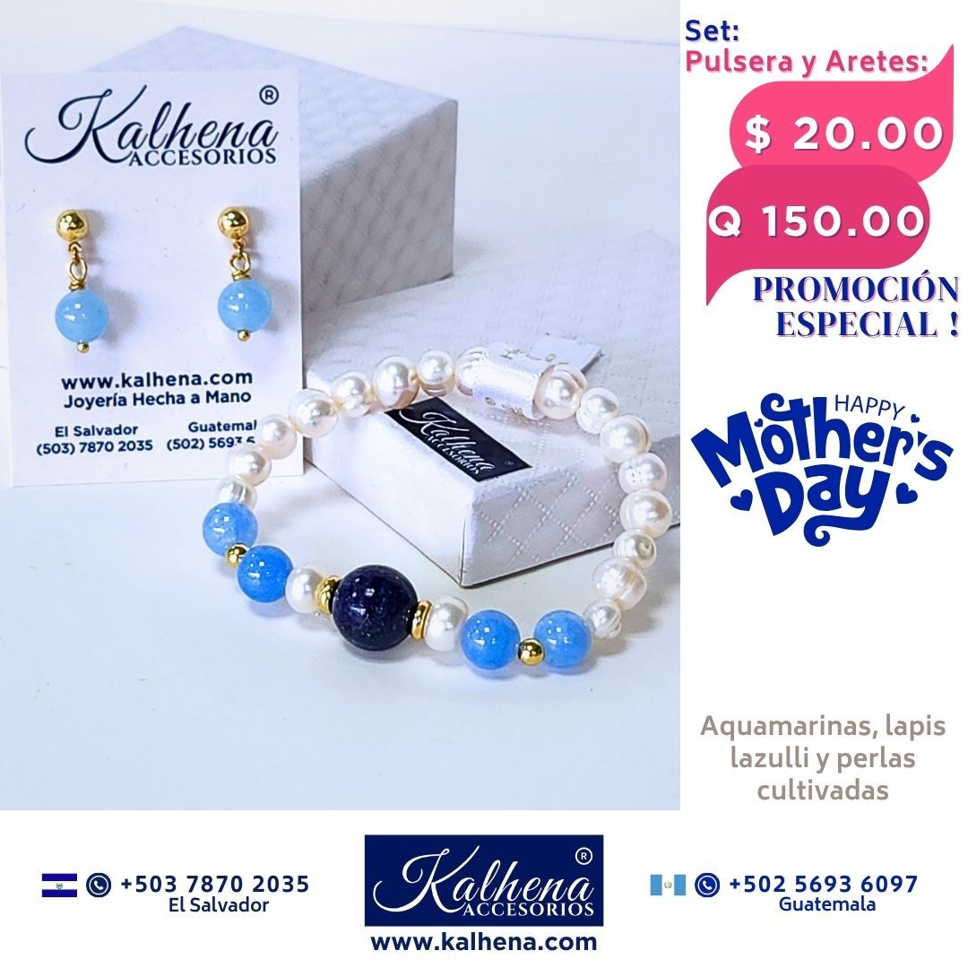Promoción:  Pulsera y Aretes Aquamarina y Lapis Lazulli entre perlas y balines gold