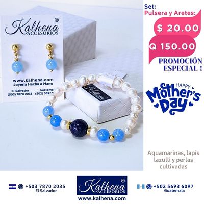 Promoción:  Pulsera y Aretes Aquamarina y Lapis Lazulli entre perlas y balines gold