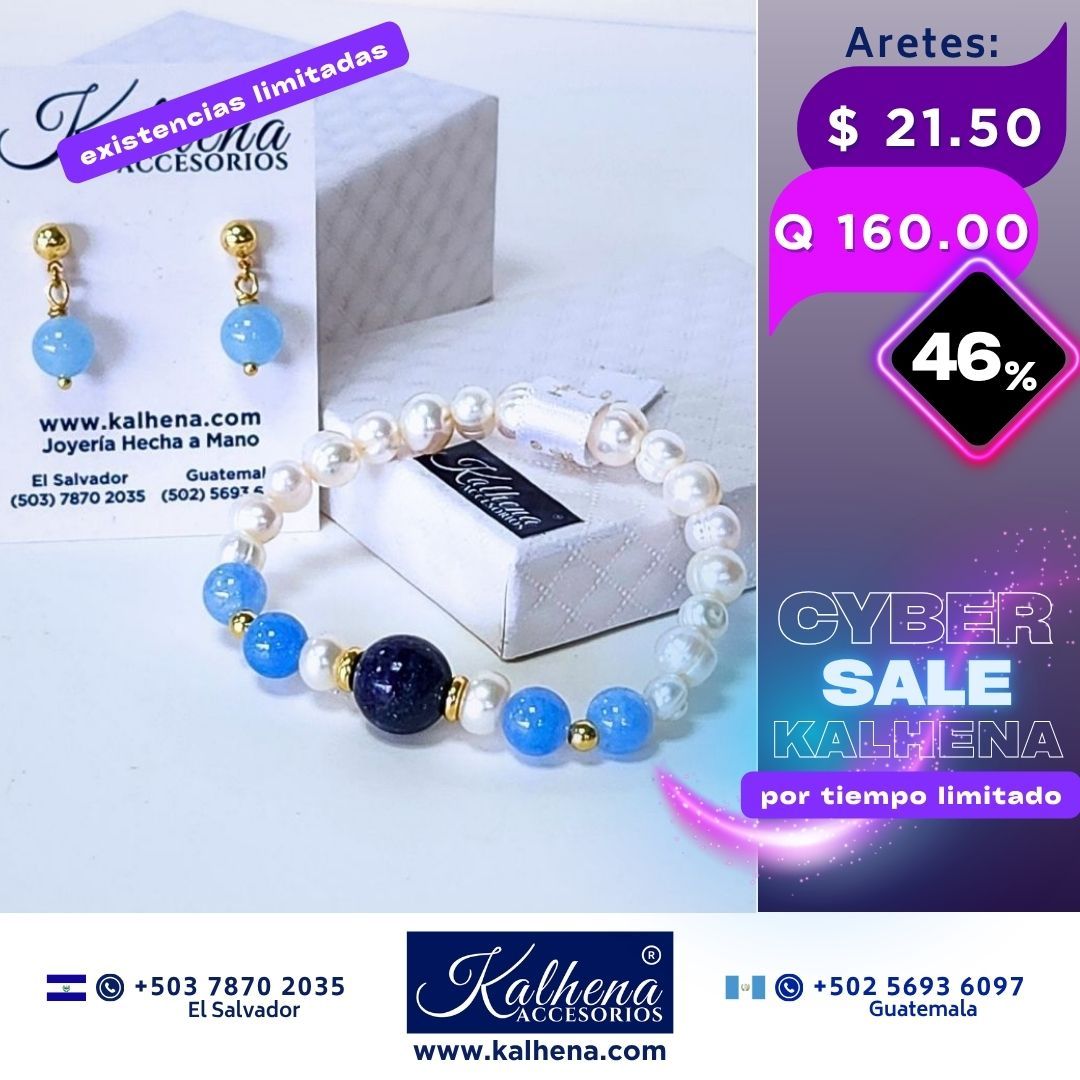 Promoción:  Pulsera y Aretes Aquamarina y Lapis Lazulli entre perlas y balines gold