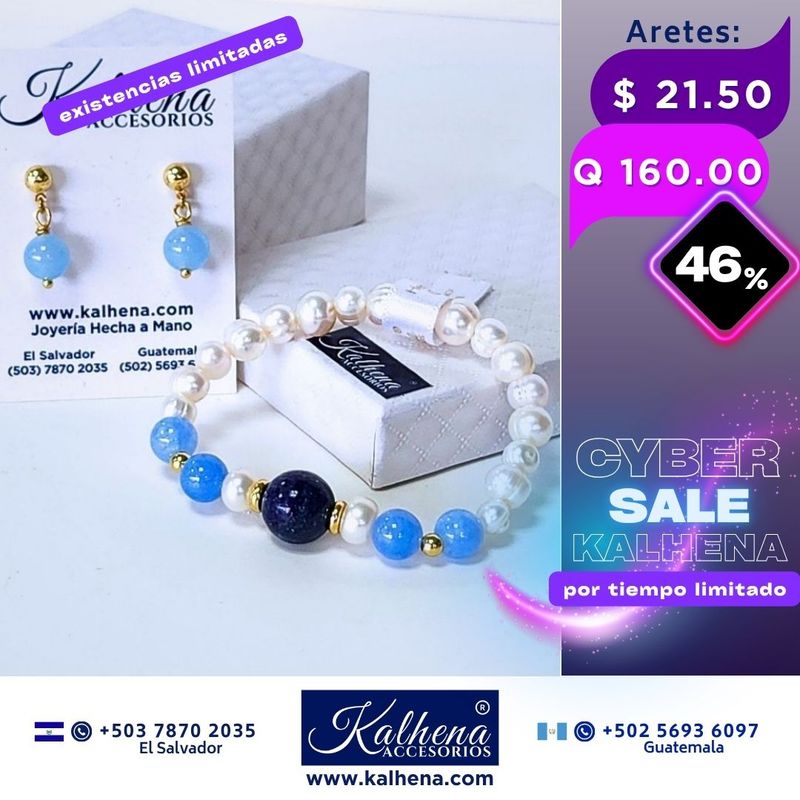 Promoción:  Pulsera y Aretes Aquamarina y Lapis Lazulli entre perlas y balines gold