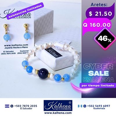 Promoción:  Pulsera y Aretes Aquamarina y Lapis Lazulli entre perlas y balines gold