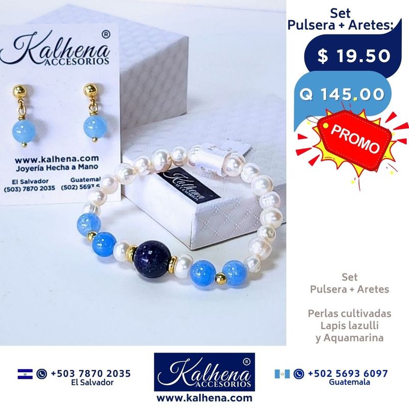 Promoción:  Pulsera y Aretes Aquamarina y Lapis Lazulli entre perlas y balines gold