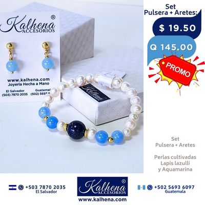 Promoción:  Pulsera y Aretes Aquamarina y Lapis Lazulli entre perlas y balines gold