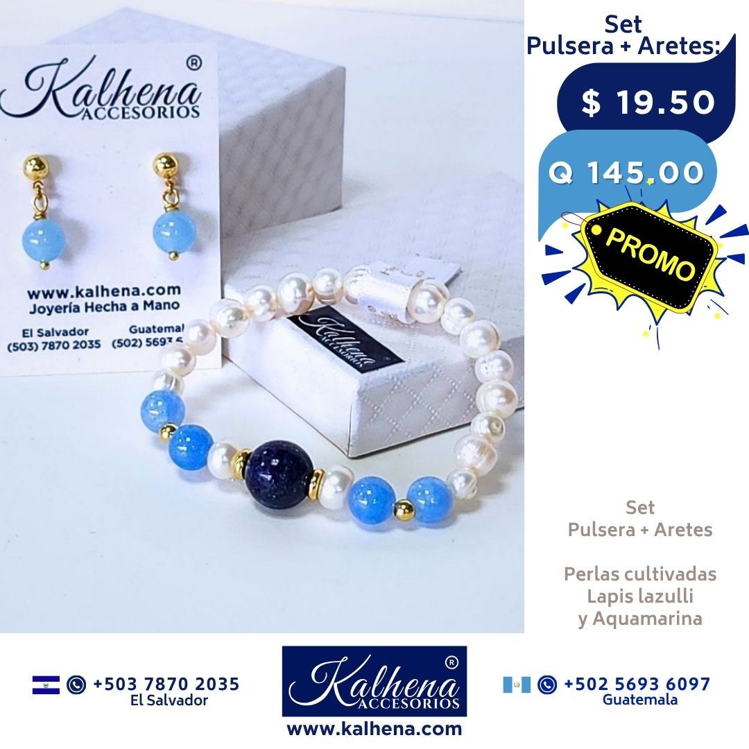 Promoción:  Pulsera y Aretes Aquamarina y Lapis Lazulli entre perlas y balines gold