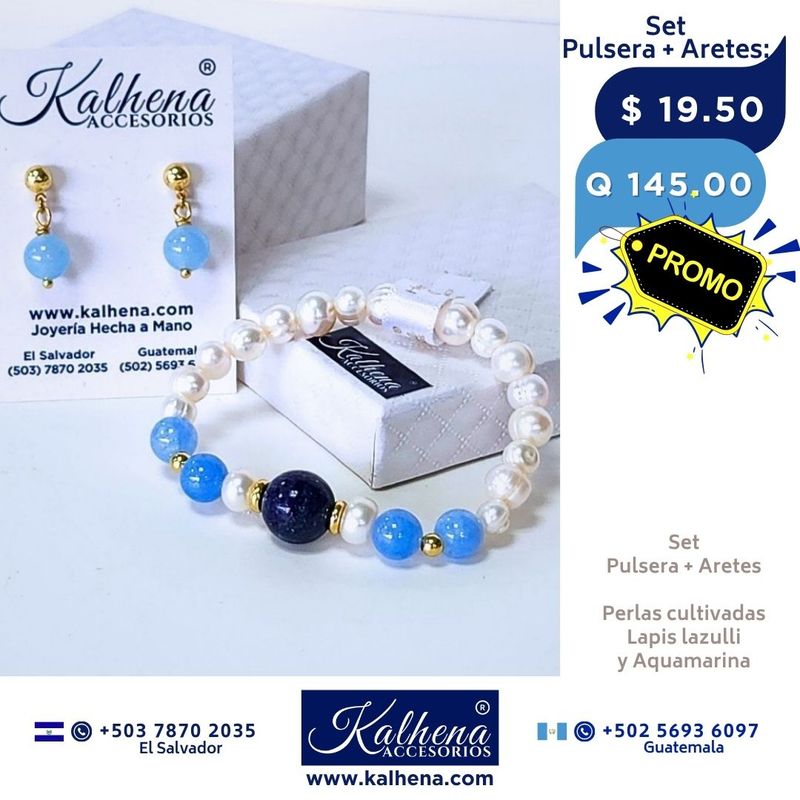 Promoción:  Pulsera y Aretes Aquamarina y Lapis Lazulli entre perlas y balines gold