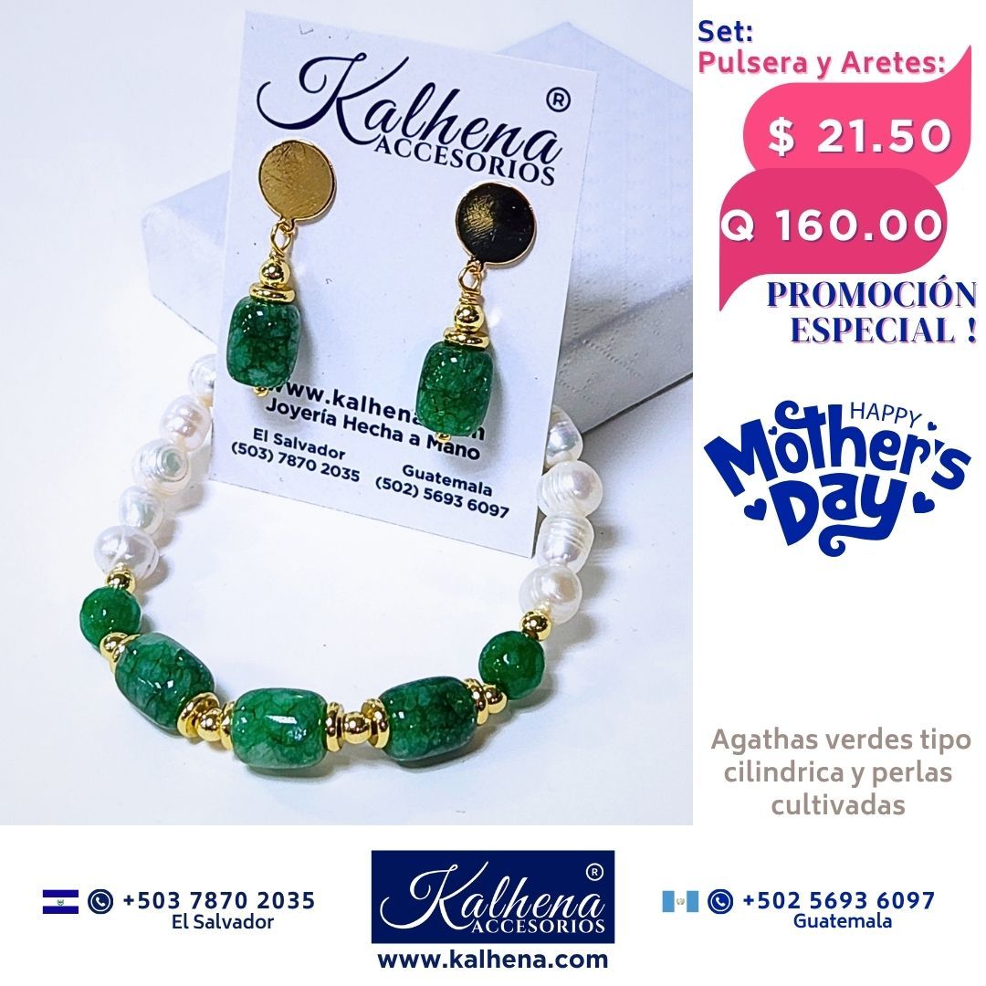 Promoción:  Pulsera y Aretes Agathas verdes entre perlas y balines gold