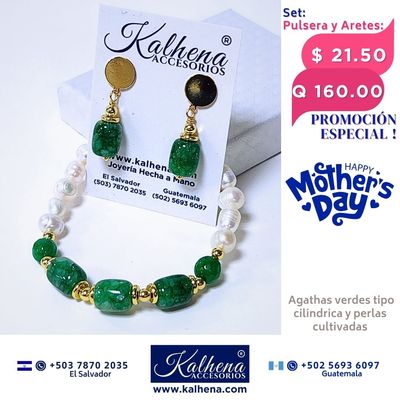 Promoción:  Pulsera y Aretes Agathas verdes entre perlas y balines gold