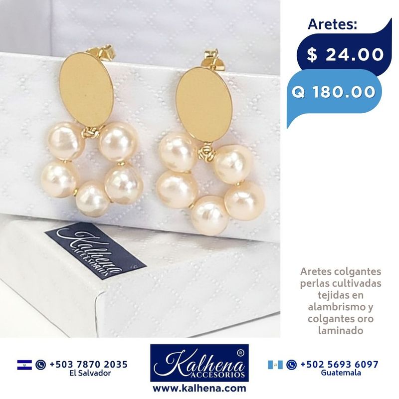 Aretes perlas cultivadas tejidas tono peach colgantes oro laminado Aretes perlas cultivadas tejidas tono peach colgantes oro laminado