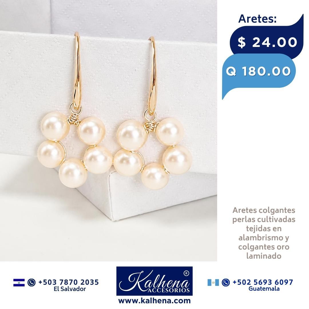 Aretes perlas cultivadas tejidas tono peach colgantes oro laminado