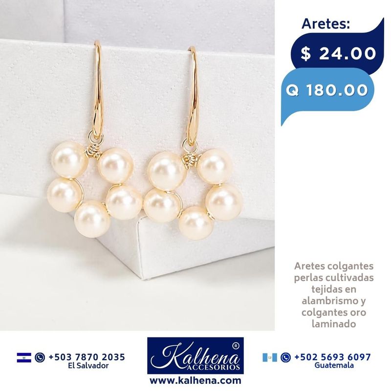Aretes perlas cultivadas tejidas tono peach colgantes oro laminado Aretes perlas cultivadas tejidas tono peach colgantes oro laminado