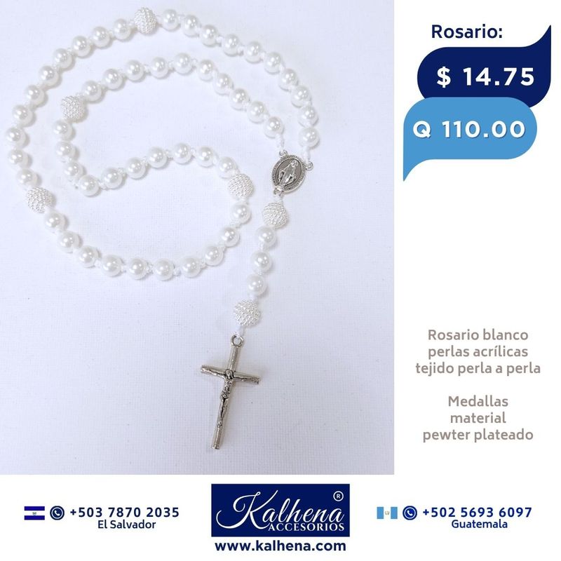 Rosario perlas acrílicas blancas Medallas plateadas en pewter