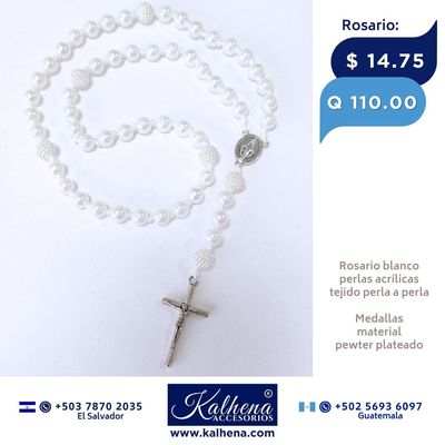 Rosario perlas acrílicas blancas Medallas plateadas en pewter