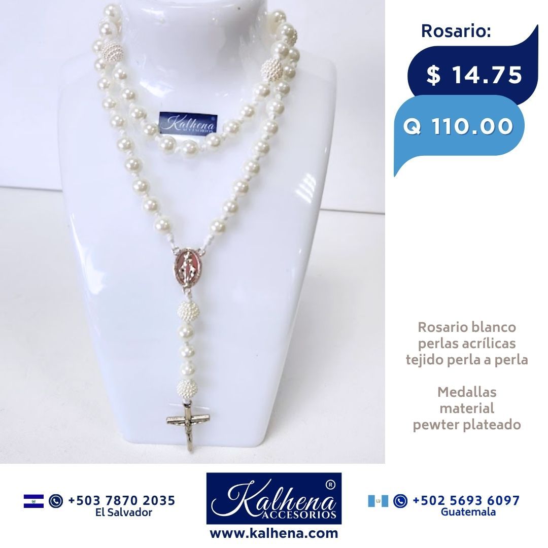 Rosario perlas acrílicas blancas Medallas plateadas en pewter