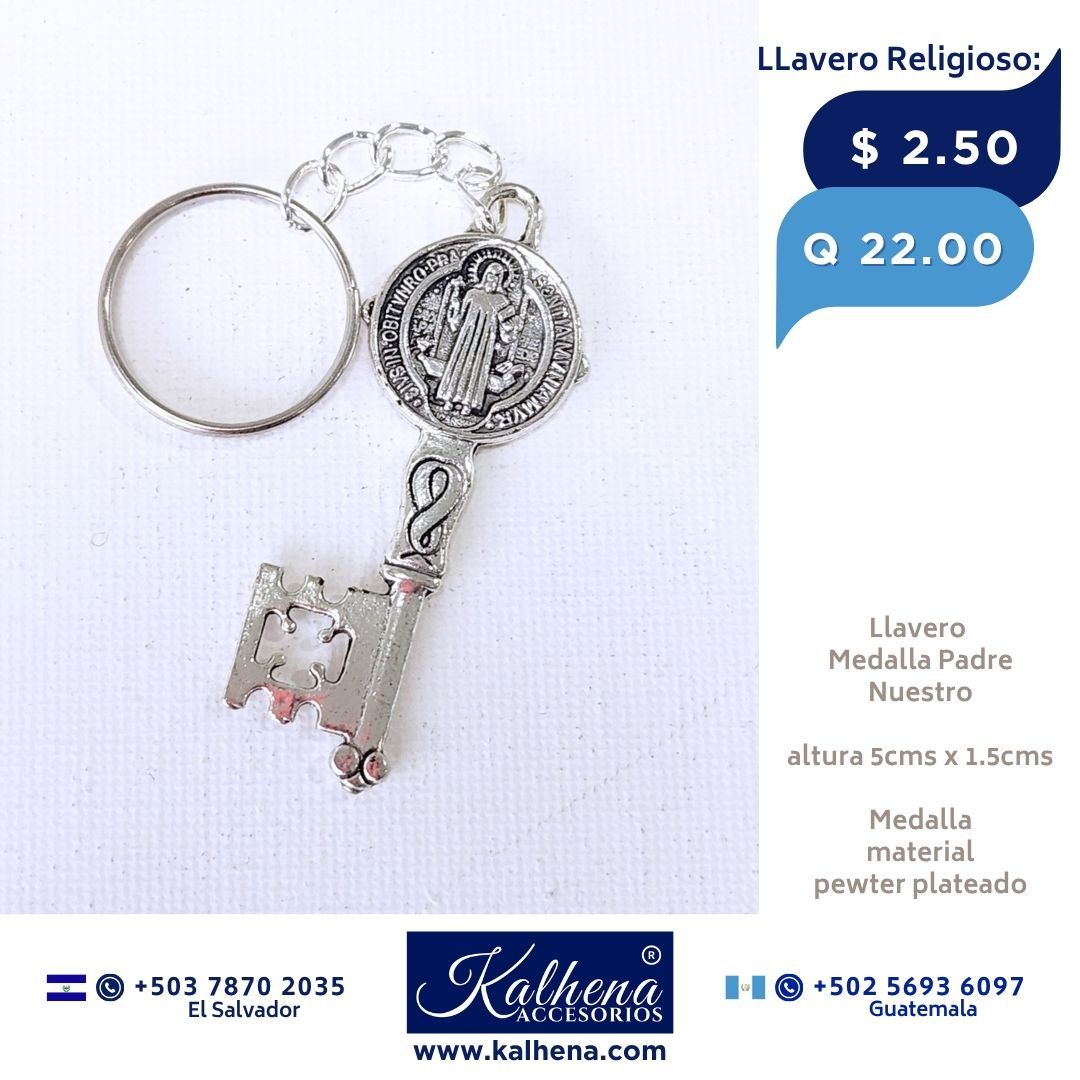 LLavero Medalla San Benito Llave 5cms (plateada)